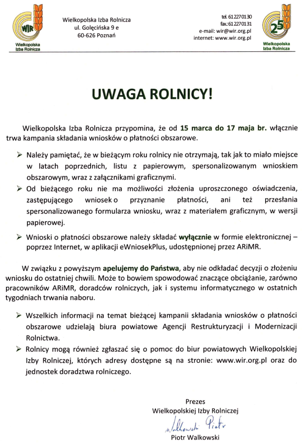 Apel prezesa Wielkopolskiej Izby Rolniczej w Poznaniu