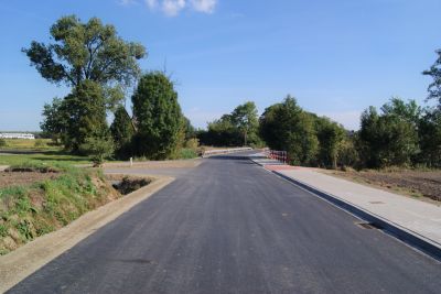 Droga asfaltowa, po lewej stronie rów i pas zieleni, po prawej stronie chodnik, w tle bariery ochronne na zakręcie i drzewa