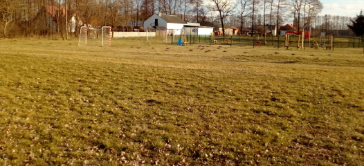 Łąka, w tle plac zabaw i budynki